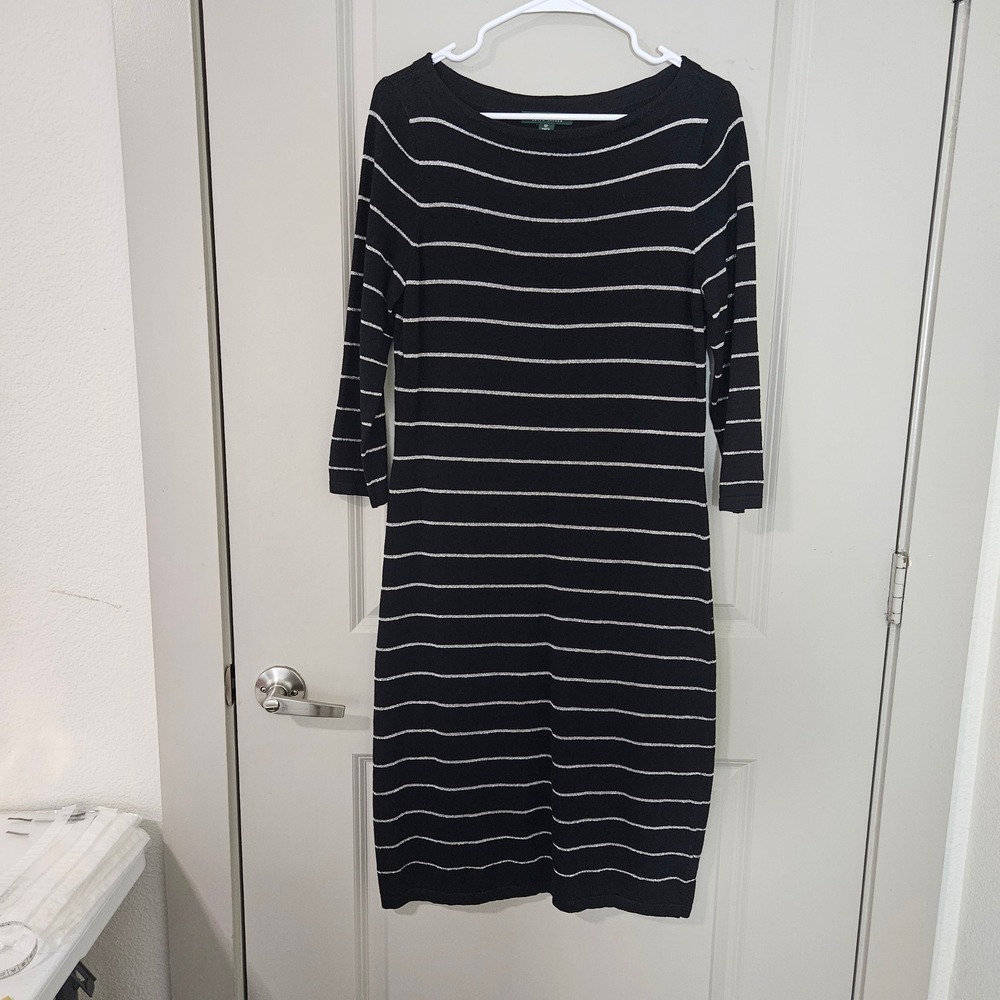 Lauren Ralph Lauren Womens Black Silver Metallic Striped Knit Sheath Dress M